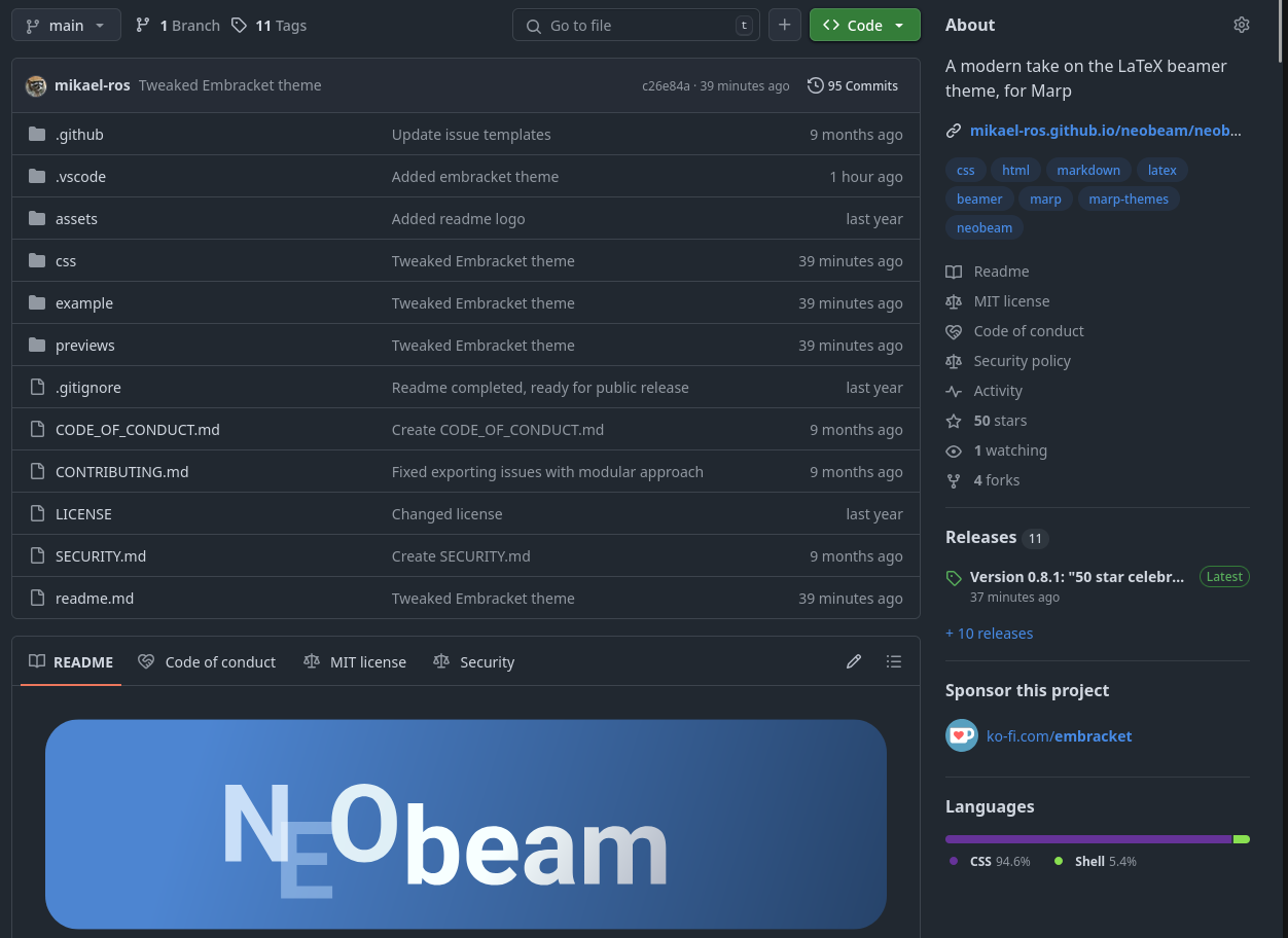 Screenshot of Neobeam on GitHub, picturing the aforementioned 50 stars